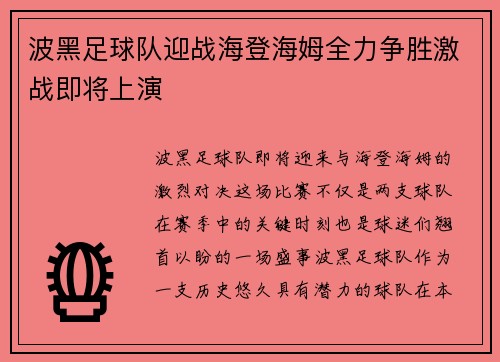 波黑足球队迎战海登海姆全力争胜激战即将上演